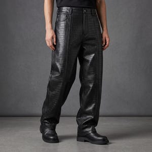 Baggy Croc Leather Pants Herr, Alligator Embossed Loose Fit Byxor