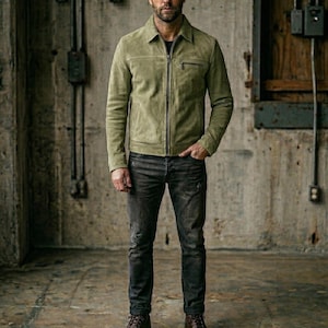 Men's Genuine Suede Leather Jacket, Slim Fit Utility Moto Coat, Handmade Western Style Bomber.