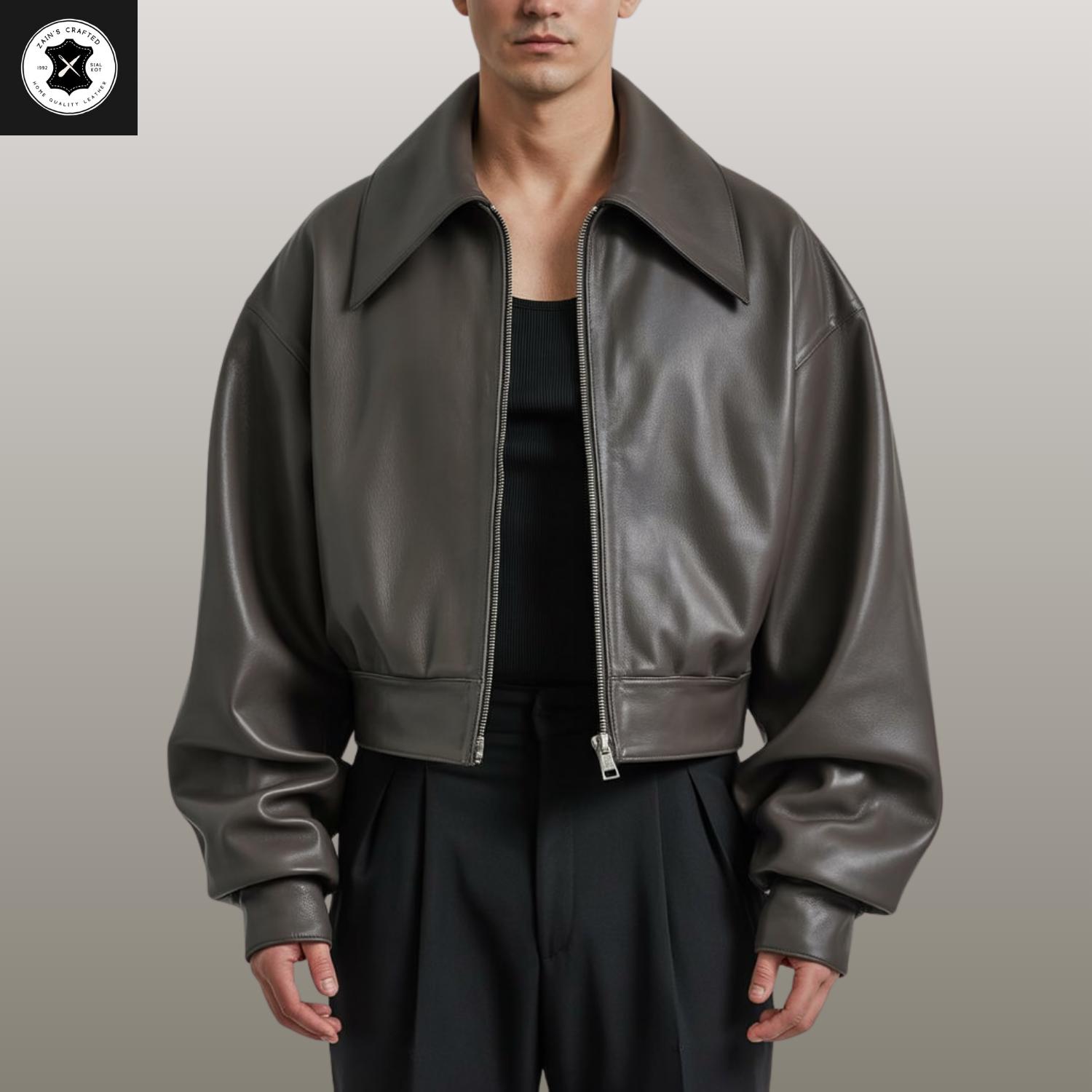 Men's Cropped Leather Jacket, Wide Collar Streetwear, Minimalist
