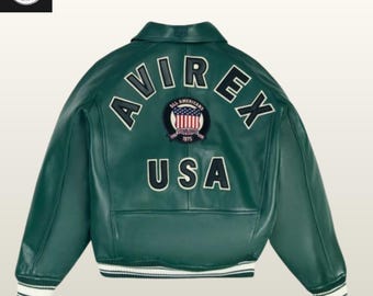 Grüne Avirex Varsity Lederjacke mit USA Aufnäher
