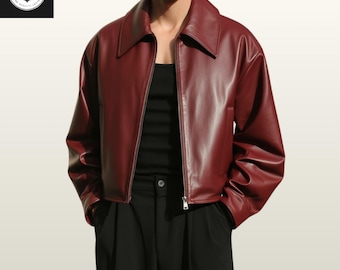 Handcrafted Men’s Burgundy Leather Jacket | Trendy Gift for Boyfriend