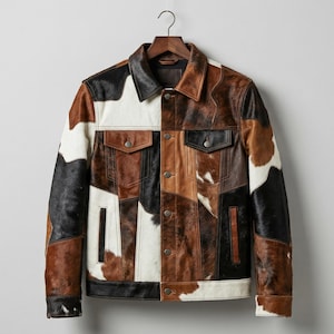 Men’s Patchwork Cowhide Leather Jacket, Real Hair On Pony Skin Western Trucker Coat.