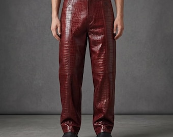 Baggy Burgundy Leather Pants Men, Red Croc Trousers, Y2K Streetwear