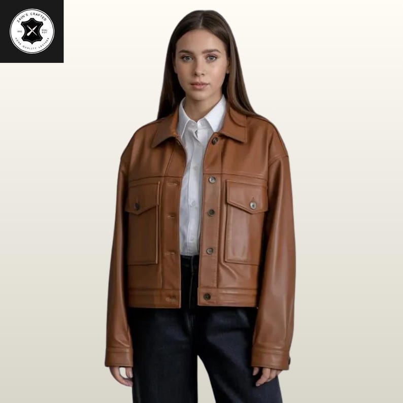 Handmade Brown Leather Shacket - Women's Jacket image 1