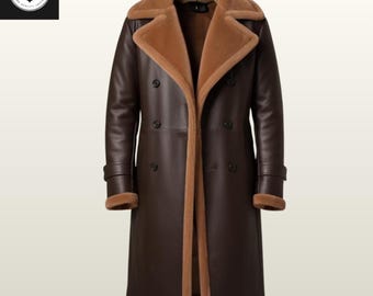 Vintage Style Brauner Ledermantel mit Kunstpelzkragen - In voller Länge Wintermantel