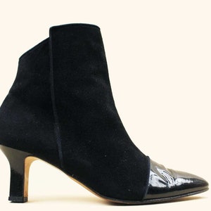 80s 90s Vtg Black Suede & Patent Leather ESCADA Ankle Boot Zip Up Futuristic Avant Garde Angular Designer US 7.5 EU 38