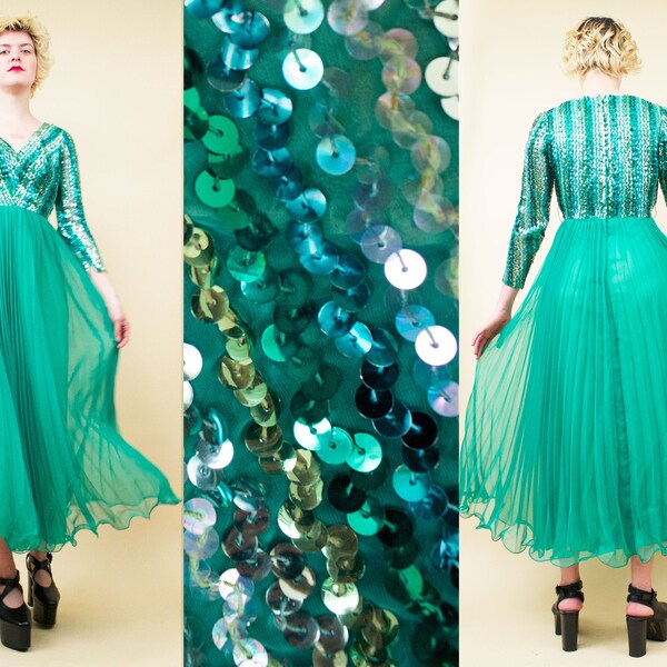 60er Jahre Vtg blau grün schillernde Sequin Chiffon schiere Pleat Origami Maxi Kleid Kleid Langarm formalCocktail Party Meerjungfrau Fee Jack Bryan