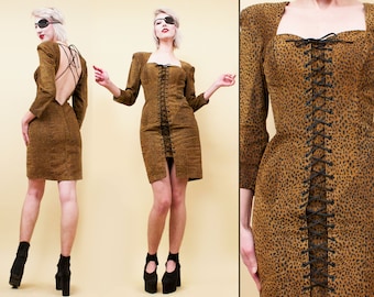 80s Vtg Leopard Print Leather Mini Dress Corset Lace Up  Long Sleeve Designer Fetish Punk New Wave Xs