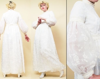 60s Vtg Flocked Sheer Bishop Sleeve Wedding Dress High Neck Mod Hippie Boho Floral Pattern Bride Bridal Christening White Witch Fairy Sm