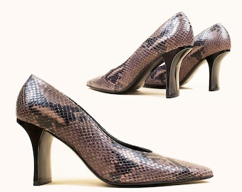 90s Vtg PYTHON Snakeskin ROBERT CLERGERIE France Sculptural Curved High Heel Designer Leather Sole 6.5 Eu 37