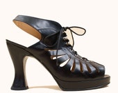 90s does 70s Deadstock Black Italian Leather Cut Out Cage Lace Up Corset Slingback Hourglass High Heel Peep Toe 8.5 EU 39