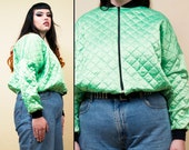 80s 90s Vtg Plus Size Quilted Slime Green Bomber Jacket Collarless Zip Up Coat Windbreaker Drawstring Cyber Rave Punk Dayglo Neon 1X 2X 3X