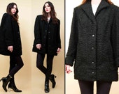 On SALE 70s 80s Vtg Jet Black Genuine Persian Fur Curly Lamb Jacket Car Coat MINIMALIST Mod Chic Snap Button Front Mint Cond. Sm Med