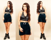 60s Vtg Emerald Green VELVET Hot Pants High Waist Shorts British Invasion MOD Hippie Boho Metal BUCKLE Xs Sm