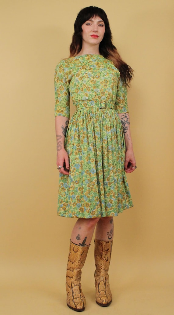 50s 60s Vtg Green Yellow Floral 3/4 Sleeve Day Dr… - image 2