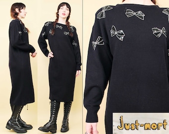 80s Vtg Black Acrylic Knit Sweater Dress with Sequin Bow Appliques Just Mort Long Sleeve Mid Calf Women's tag Large