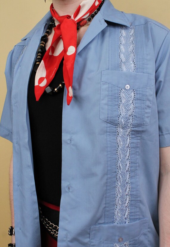 70s Vtg Blue Cabbana Button Up Embroidered Shirt … - image 5