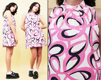 60s Vtg Cotton Op Art Swirl Pink Black White Mini Dress High Collar Mock Neck Go Go Scooter Mod Women's Xs Sm *As-Is*