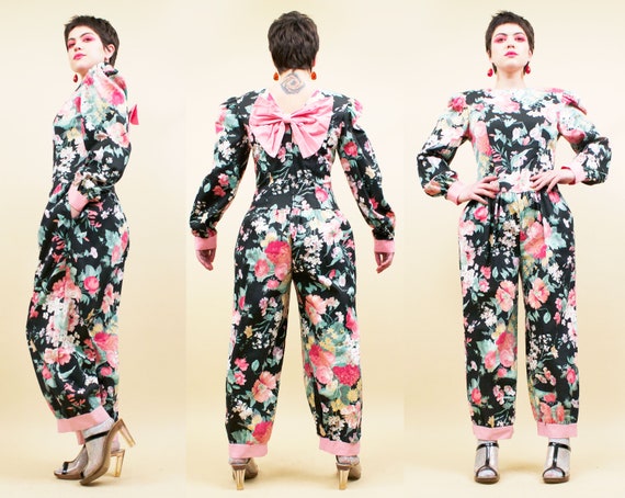 80s Vtg Floral Cotton Denim Jumpsuit Big Bow Detai