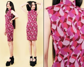 50s 60s Vtg Pink & Purple Abstract Shape Mod Knit Cheongsam Mandarin Collar Dress Short Sleeve Women's Xxs Xs | B31" W24" H32"