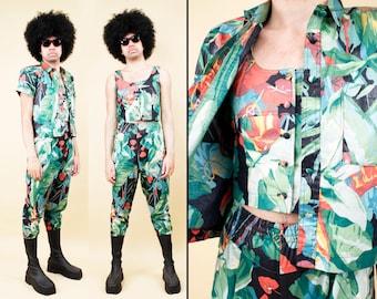 Traje de pantalón de 3 piezas con estampado tropical de palmeras de la diseñadora Jane Tise ESPIRIT, estilo hawaiano, talla S-M, estilo resort.