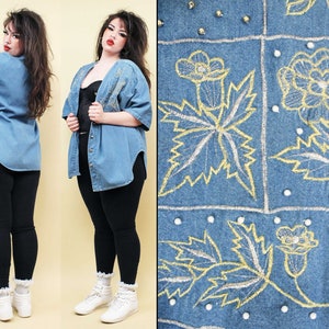 80s Vtg Denim Cotton Studs & Flowered Button Up Shirt Short Sleeve Women's Plus Size tag 2X 16 18