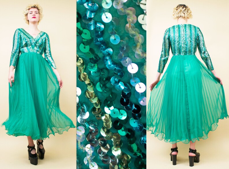 60s Vtg Blue Green Iridescent Sequin Chiffon Sheer Pleat Origami Maxi Dress Gown Long Sleeve Formal Cocktail Party Mermaid Fairy Jack Bryan 