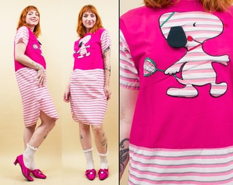 80s Vtg Cotton SNOOPY 3D Pink Stripped Tshirt Dress Joe Cool Knee Length Kawaii Xs Sm