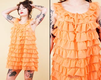 60s Vtg Coral Pink Orange Ruffle Chiffon Nylon Baby Doll Mini Dress Valley of The Dolls Italy Womens Xs-M B36" W40" H40" L31" *AS-IS*