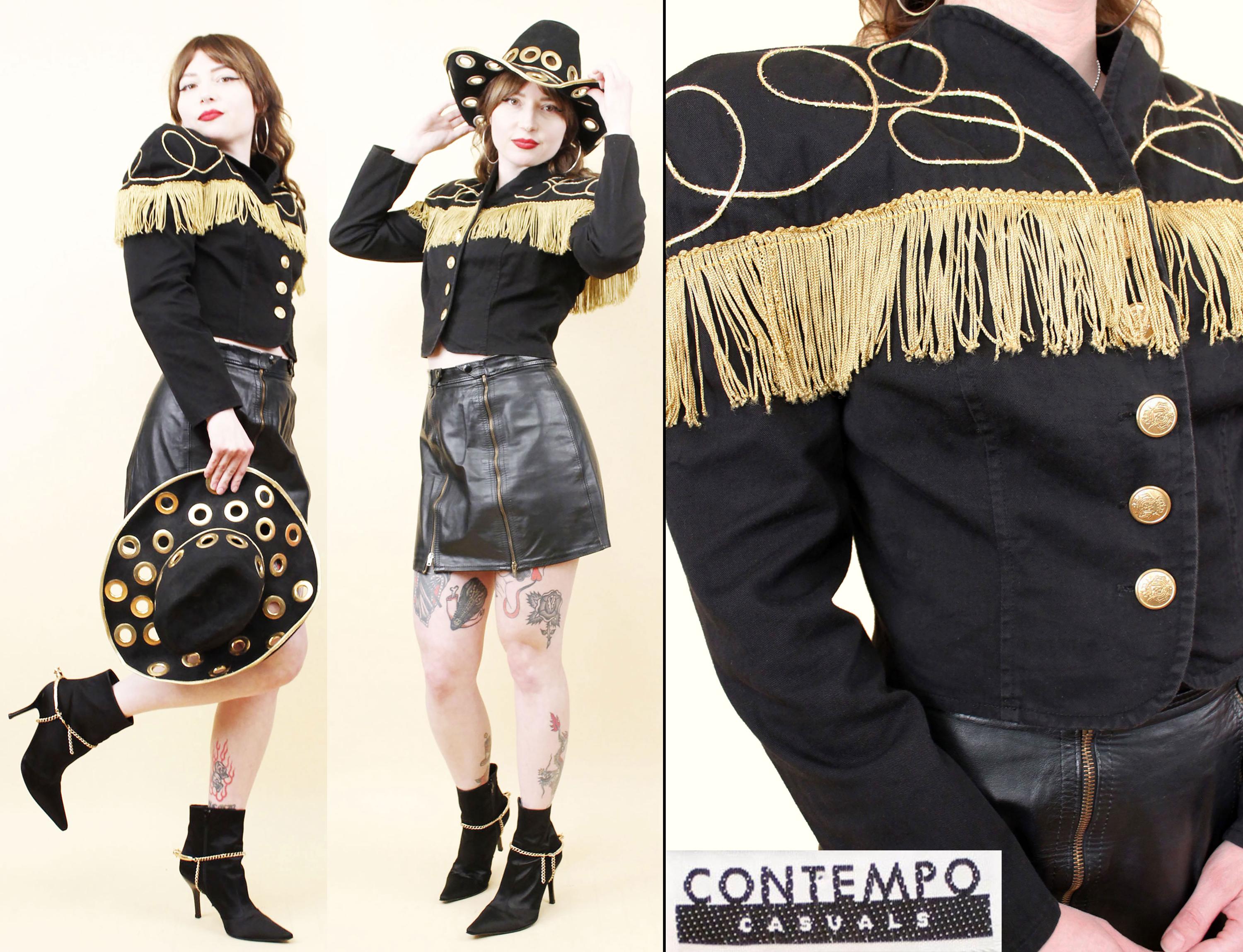 80s 90s Vtg Contempo Casuals Gold Ecru Fringe Black Denim Cotton Jacket Cropped Coat Giant Shoulder Pads Women's tag S B34" W28" L16"
