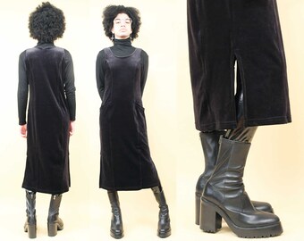 90s Vtg Black Stretch Velvet Sheath Dress Sleeveless Side Split Langenlook Women's Small Medium