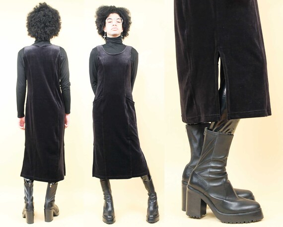 90s Vtg Black Stretch Velvet Sheath Dress Sleevel… - image 1