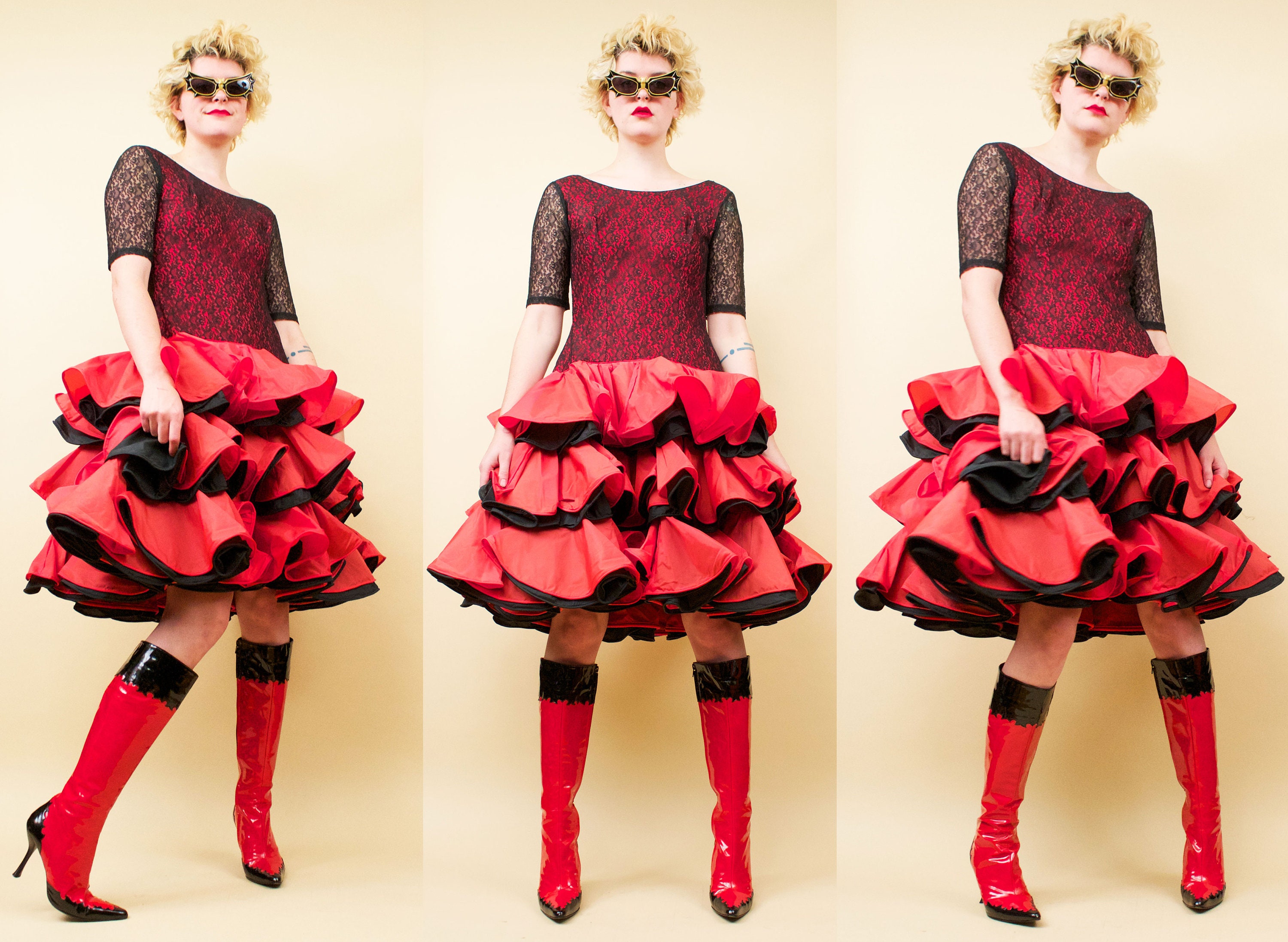 80s Does 50s Vtg Ruffle Tiered Red & Black Lace Dress Custom 80s Does 50s Vtg Ruffle Tiered Red & Black Lace Dress Custom