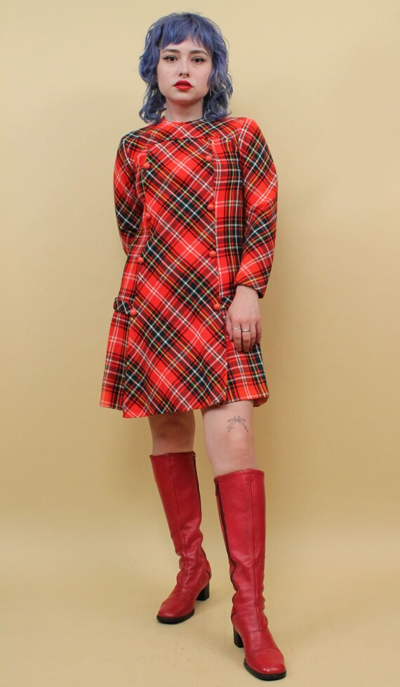60s Vtg Plaid Red Tartan Wool Mini Dress Long Sle… - image 4