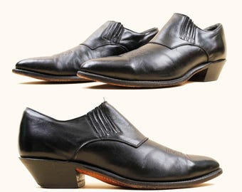 80s Vtg Black Polished Leather Winklepicker Half Boot Pointy Toe Bat Cave Western Goth Punk Metal Men's Shoe US 12 11.5 EU 46 45