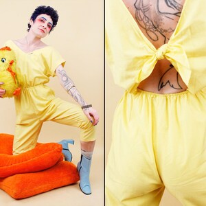 80s Vtg Yellow Cotton Jumpsuit Pantsuit Open Tie Back New Wave Women's Xs-Sm B36" W22-28" H38"
