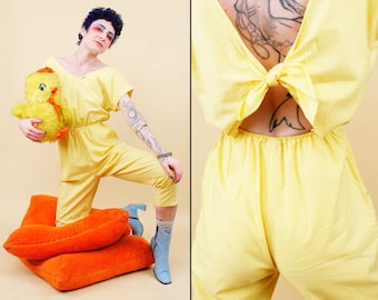 80s Vtg Yellow Cotton Jumpsuit Pantsuit Open Tie Back New Wave Women's Xs-Sm B36" W22-28" H38"