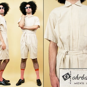 50s 60s Vtg Cotton Seersucker Leisure Suit Menswear Coveralls Jumpsuit Orbach&#39;s Men&#39;s Shop Belted Waist Beach Lounge Large