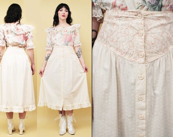 70s 80s Vtg Cotton Pale Pink Lace Waist Button Up Skirt Maxi Mid Calf Prarie Cottage Core Gunne Sax Style Women's Xs