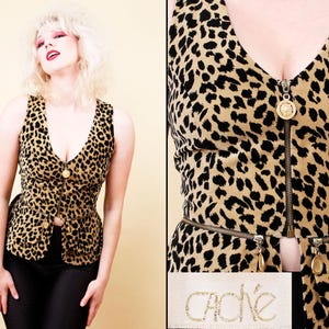 80s 90s Vtg CACHE Leopard Velvet Vest Fran Drescher the Nanny