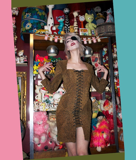 knee length dresses for ladies Leopard-Print Paneled Leather Dress Custom / Navy Blue main image 1