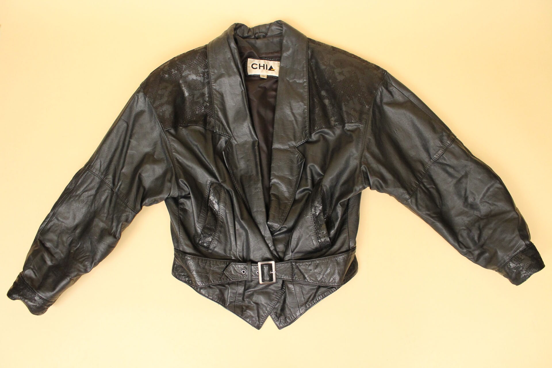 80s Vtg Black Leather Jacket Cropped Coat V Shape Buckle Front New