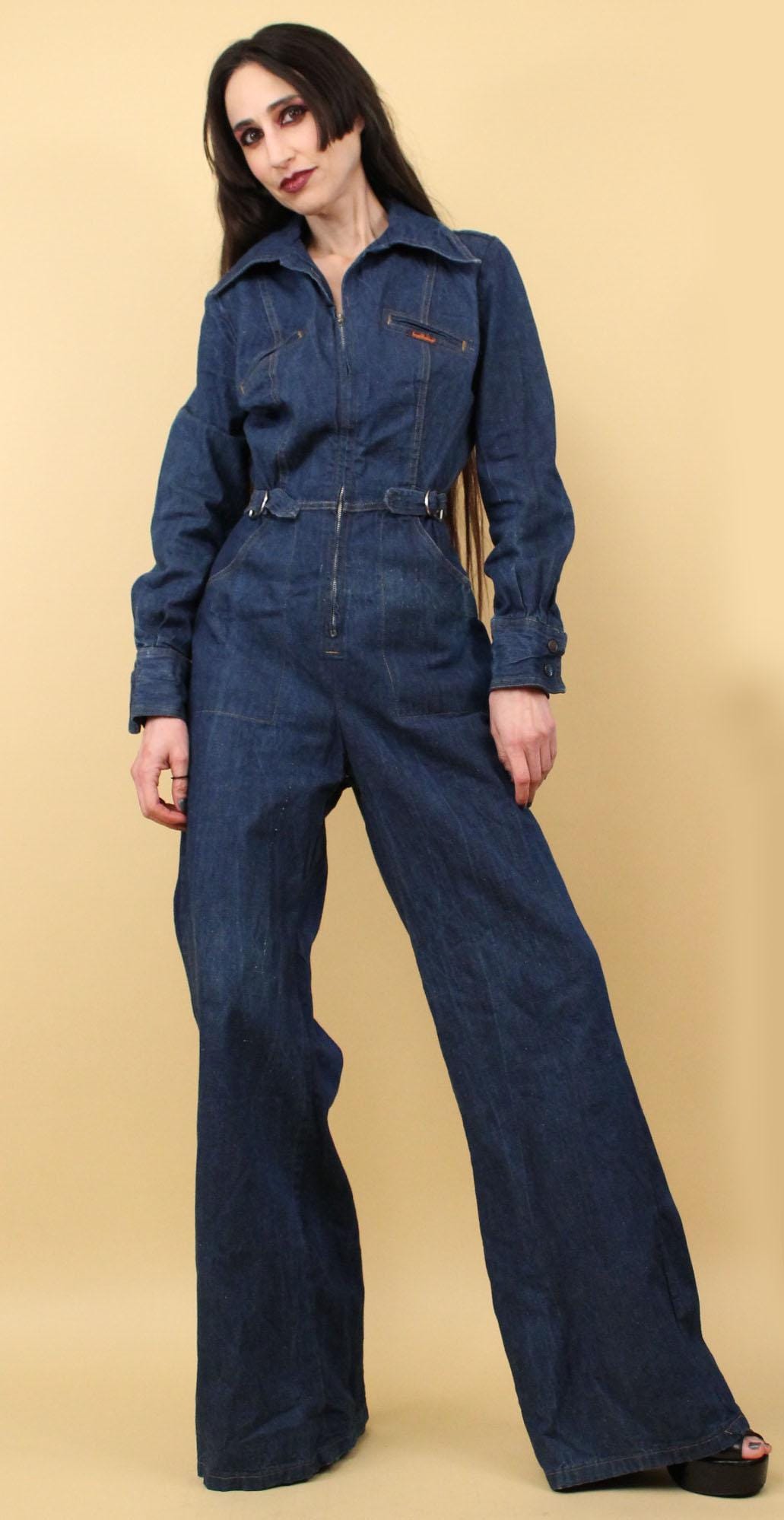70s Vtg Landlubber Blue Jean Denim Zip up Wide Leg Jumpsuit