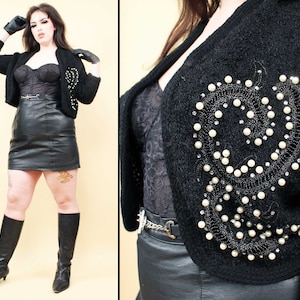 40s 50s Vtg Black Bouclé Mohair Wool Knit Cardigan Sweater Pearl Embroidery Pin Up Women&#39;s Medium Large