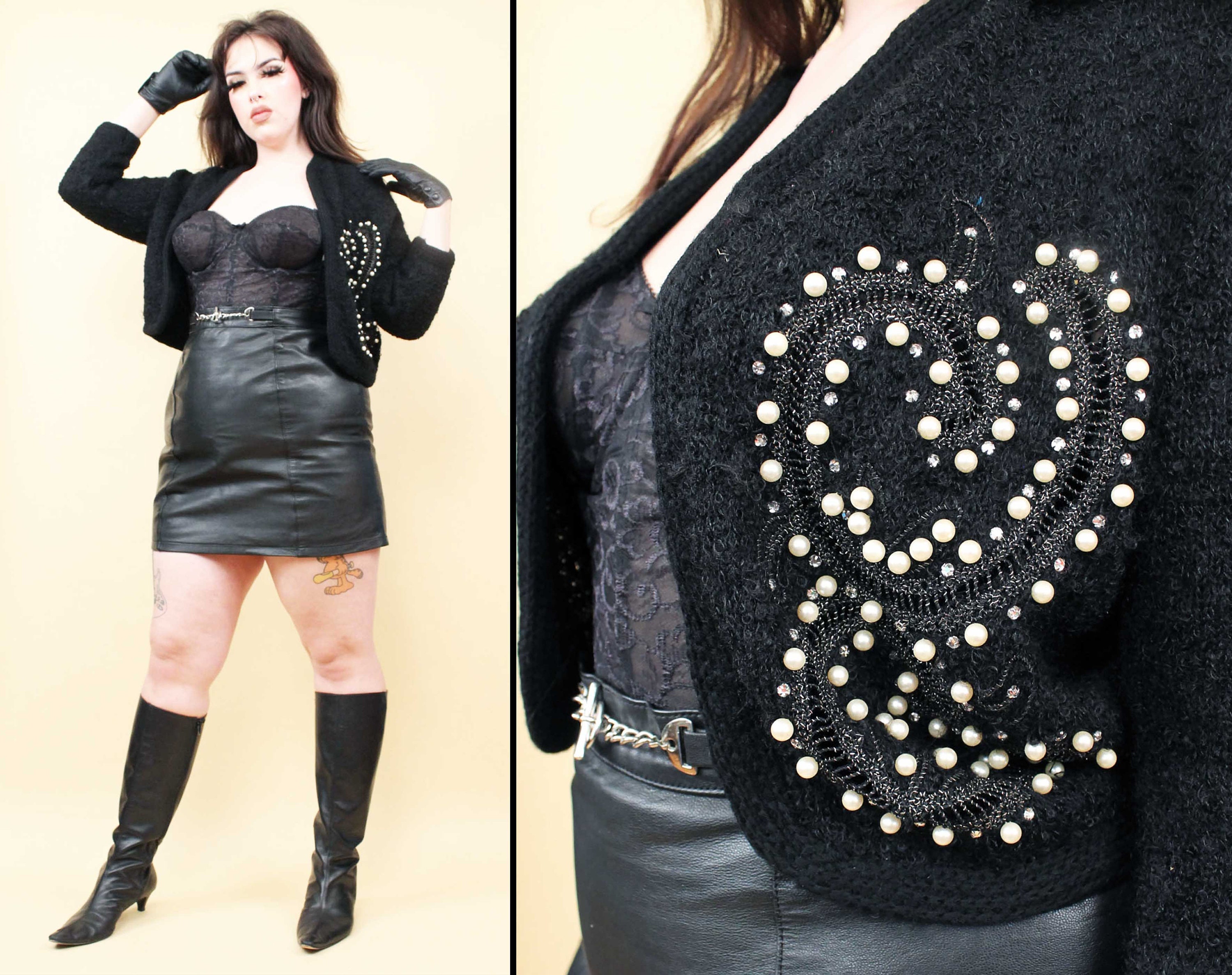 【y40s〜50s】mohair cardigan 40s 50s Vtg Black Bouclé Mohair Wool Knit Cardigan Sweater Pearl