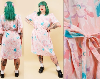 70s 80s Vtg Baby Pink Floral Bows Square Neckline Cotton Poly Belted Shift Dress Plus Size Volup Women's 1X-2X B50" W50" H52" L42"