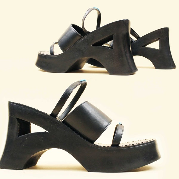 90s Vtg ESPIRIT Black Leather & Wood Platform Cut Out Futuristic Wedge Heels Slide Sandal Mule Slip On Women's US 9 EU 40