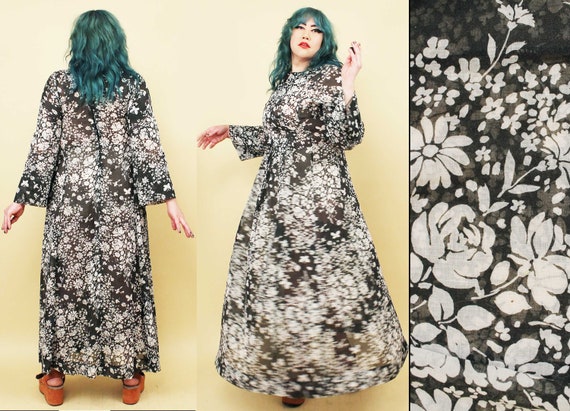 70s Vtg Black & White Floral Cotton Gauzy Sheer K… - image 1