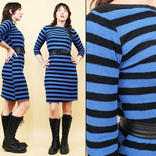 70s 80s Vtg Blue & Black Striped Knit Dress 3/4 Sleeve Boatneck Punk New Wave Women's Xs Sm