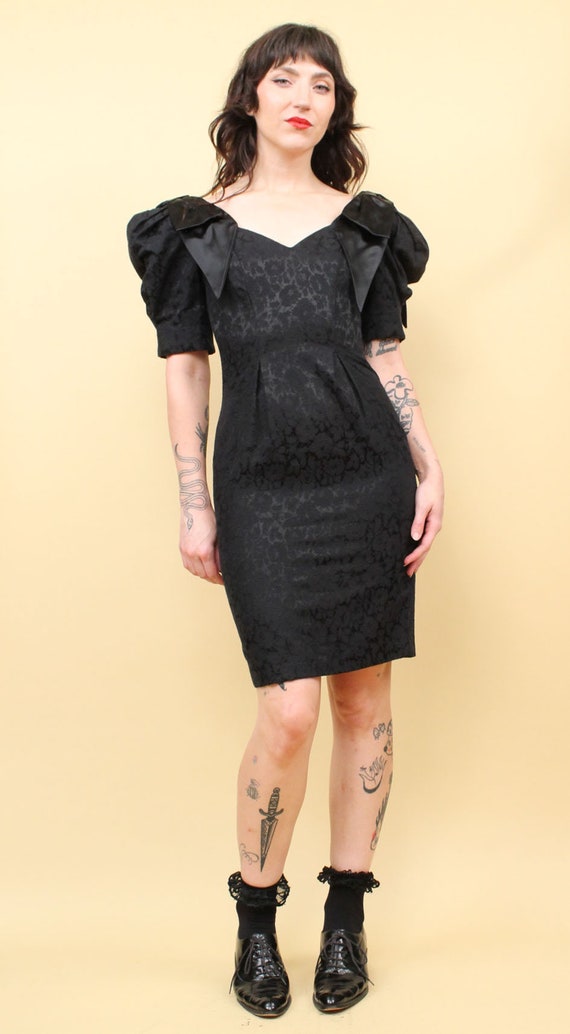 80s Vtg Black Brocade Tapestry Mini Dress Puff Sl… - image 8